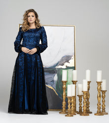  Cobalt blue and black modest tznius evening gown rental 