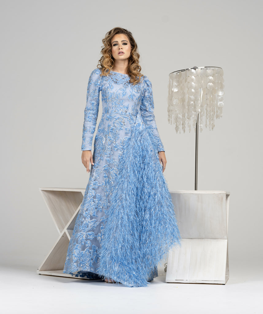 blue feather modest evening wear rental 