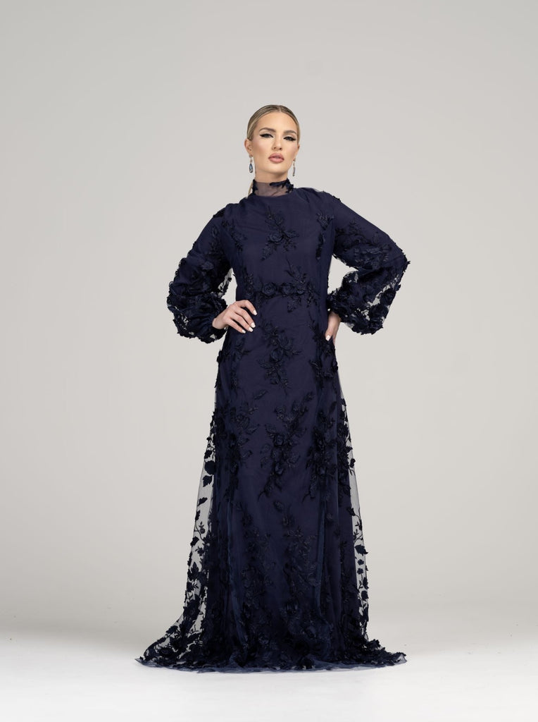 Navy blue floral modest evening gown rental 