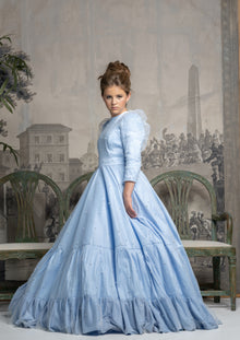  blue tiered pearl modest evening gown rental 