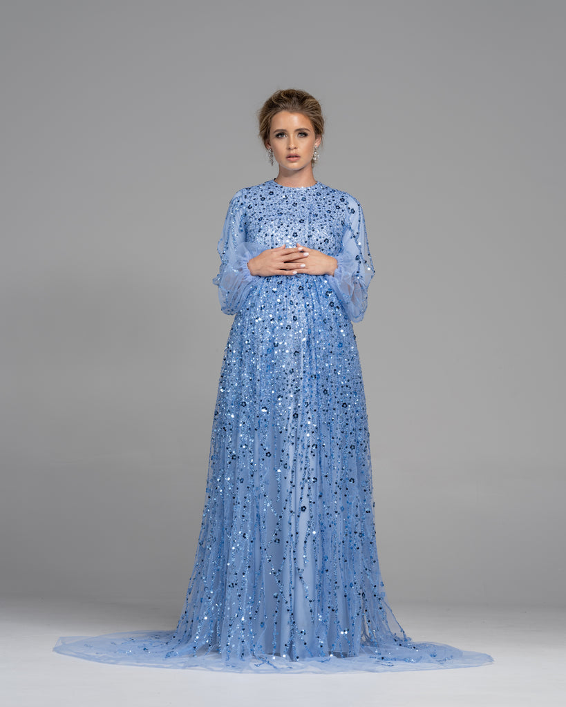 Blue beaded maternity modest evening gown