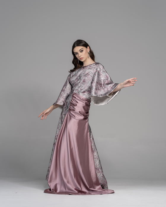 purple and silver metallic modest gown 