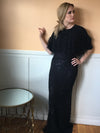 Parker black feather cape gown modest evening gown rental 