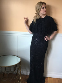  Parker black feather cape gown modest evening gown rental 