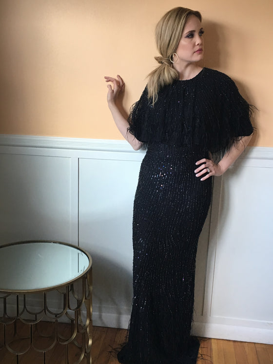 Parker black feather cape gown modest evening gown rental 