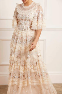  Modest tznius champagne floral Needle & Thread evening gown rental