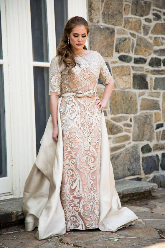 Champagne Lace Skirt Caped Gown