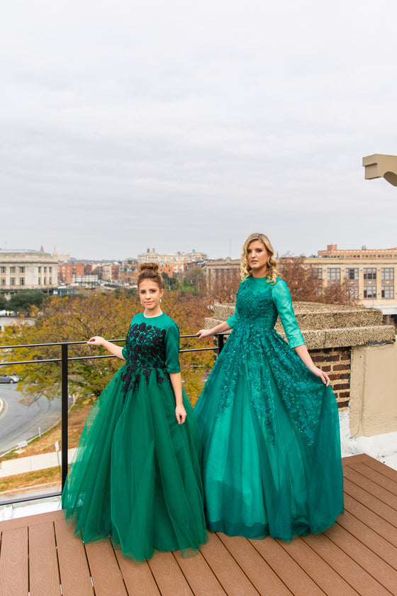 Emerald and black modest teen ballgown 