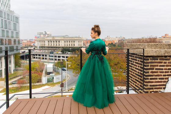 Emerald and black modest teen ballgown 