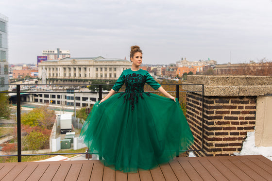 Emerald and black modest teen ballgown 