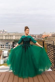  Emerald and black modest teen ballgown 