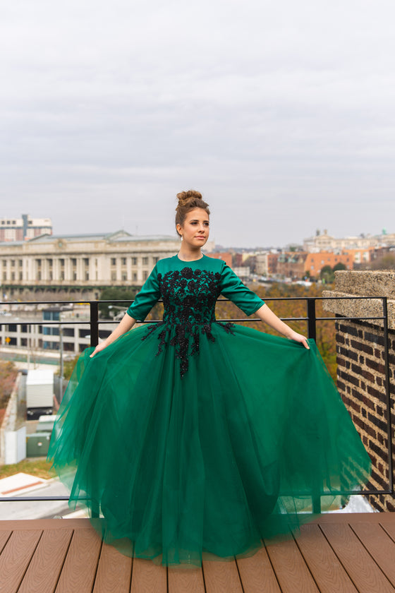 Emerald and black modest teen ballgown 