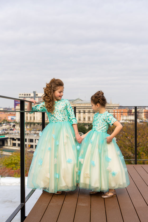 Light green vine and floral modest girls gown 