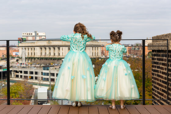 Light green vine and floral modest girls gown 