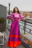 Fuchsia and orange modest gown with bell sleeves