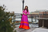 Fuchsia and orange modest gown with bell sleeves