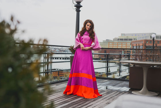 Fuchsia and orange modest gown with bell sleeves