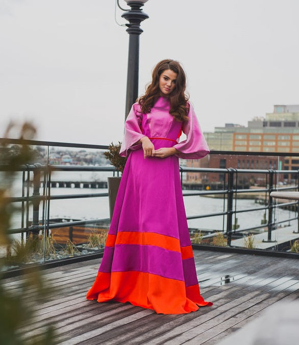 Fuchsia and orange modest gown with bell sleeves