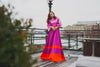 Fuchsia and orange modest gown with bell sleeves