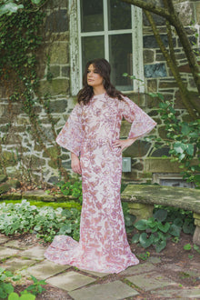  pink bell sleeve modest evening gown rental 