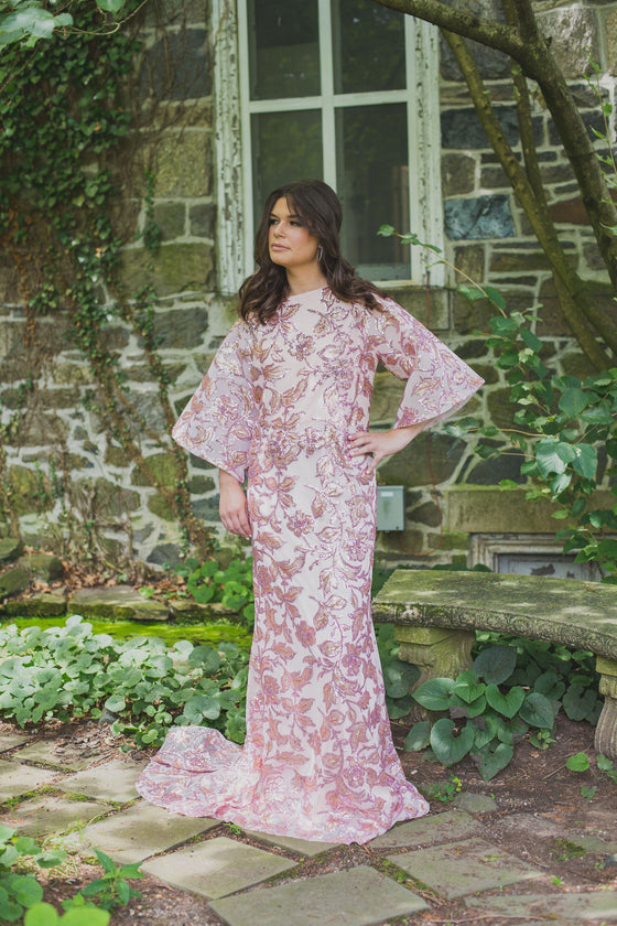 pink bell sleeve modest evening gown rental 