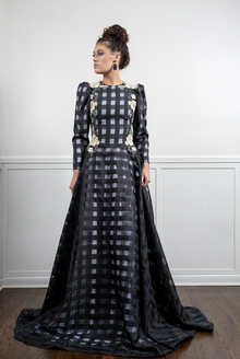  Gingham black modest evening gown 