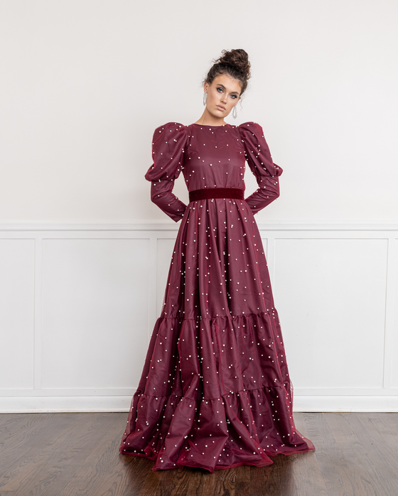 pearled merlot modest event dress rental