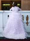 Girls tiered train pink modest gown 