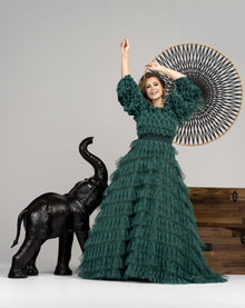  hunter green tiered modest ball gown rental 