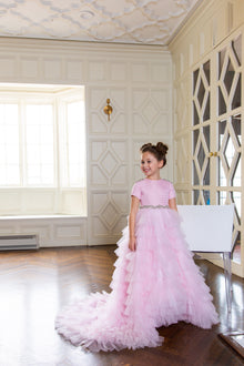  Girls tiered train pink modest gown 