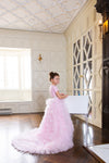 Girls tiered train pink modest gown 