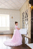 Girls tiered train pink modest gown 